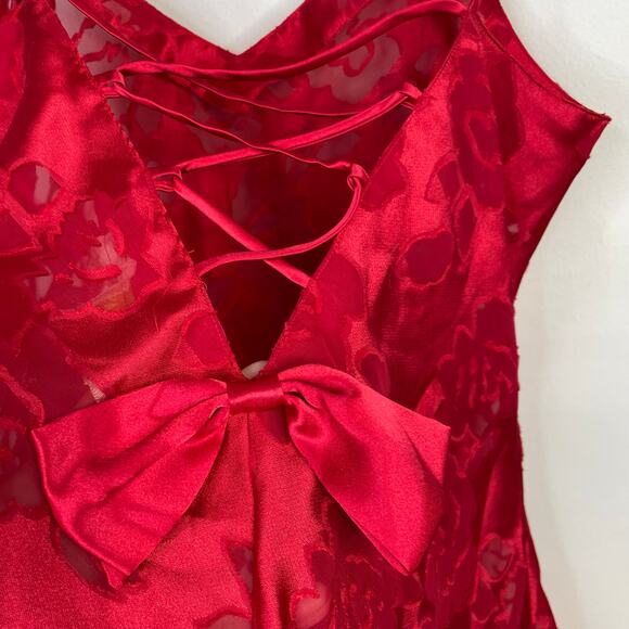 Victorias Secret Vintage Gold Label Red Burnout Floral Satin Bow Slip Dress L - Picture 7 of 9